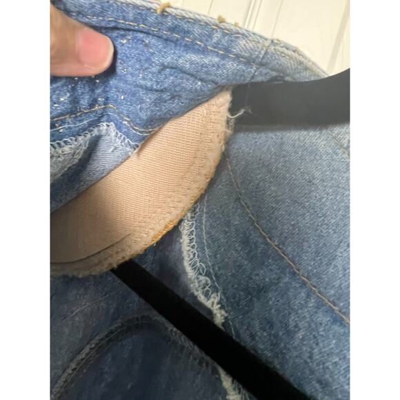 Vintage 80s Western Denim Cropped Jacket Studded Rhinestone Frayed Large - Picture 7 of 9